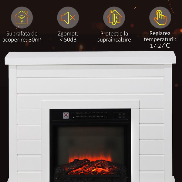 HOMCOM Șemineu Electric cu Efect de Flacără 3D, Oprire Automată, Încălzire Reglabilă și Temporizator, 96,5x22x81,7 cm, Alb | Aosom Romania