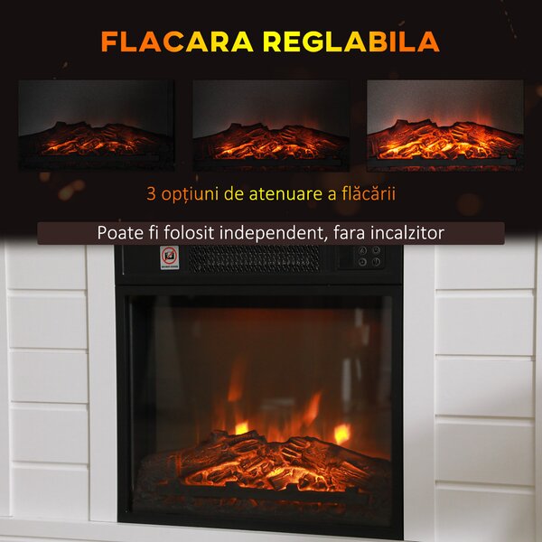 HOMCOM Șemineu Electric cu Efect de Flacără 3D, Oprire Automată, Încălzire Reglabilă și Temporizator, 96,5x22x81,7 cm, Alb | Aosom Romania