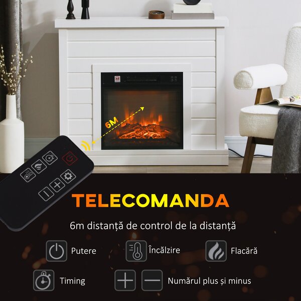 HOMCOM Șemineu Electric cu Efect de Flacără 3D, Oprire Automată, Încălzire Reglabilă și Temporizator, 96,5x22x81,7 cm, Alb | Aosom Romania
