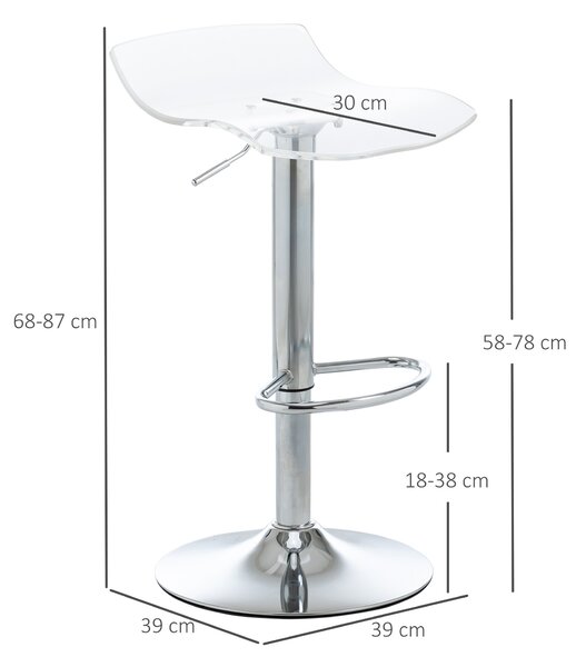 HOMCOM Scaune Bar 2 piese cu Înălțime Reglabilă, Șezut Rotativ și Suport pentru Picioare, 39x39x67-87 cm, Transparent | Aosom Romania