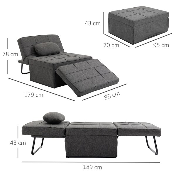 HOMCOM Canapea extensibilă cu Spătar Reglabil pe 5 Nivele și Pernă Suplimentară, 95x179x78 cm, Gri | Aosom Romania