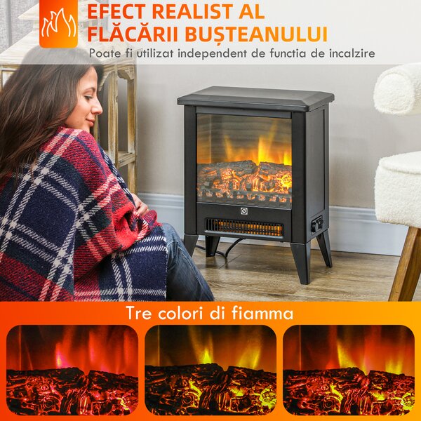 HOMCOM Șemineu Electric cu Efect Flacără 3D pe 3 Intensități, Oprire Automată, Încălzire Reglabilă, 36x21x47 cm, Negru | Aosom Romania