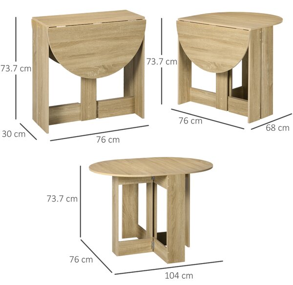 HOMCOM Masă Pliantă cu 2 Extensii Rabatabile, Masă Extensibilă cu Spațiu de Economisire, 104x76x73,7 cm, Lemn Natural | Aosom Romania
