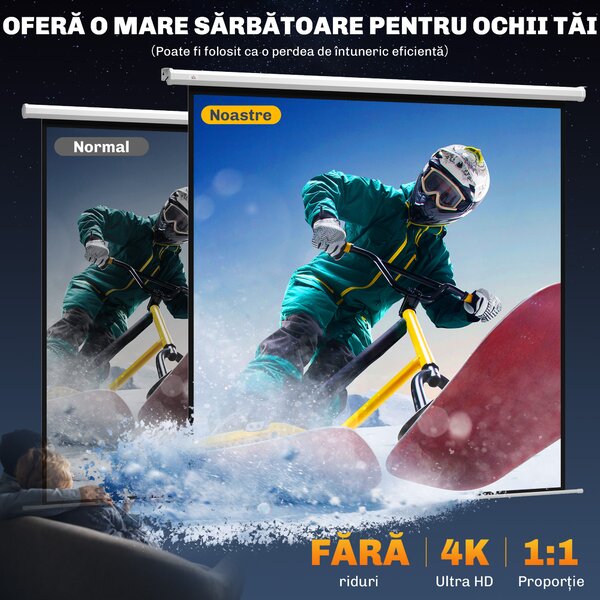 HOMCOM Ecran Proiecție de 120 inch cu Telecomandă, Suprafață de Proiecție din Plastic și Metal, 236,5x8x236,5 cm, Alb | Aosom Romania