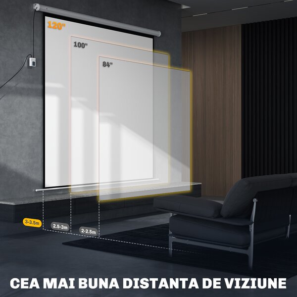HOMCOM Ecran Proiecție de 120 inch cu Telecomandă, Suprafață de Proiecție din Plastic și Metal, 236,5x8x236,5 cm, Alb | Aosom Romania