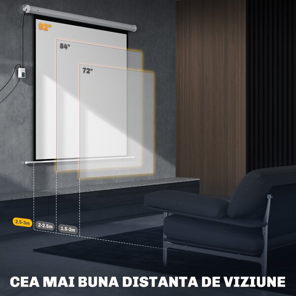 HOMCOM Ecran Proiector de 92 Inch cu Telecomandă, Pânză de Proiector Rulabilă din Plastic și Metal, 189,5x8x189,5 cm, Alb | Aosom Romania