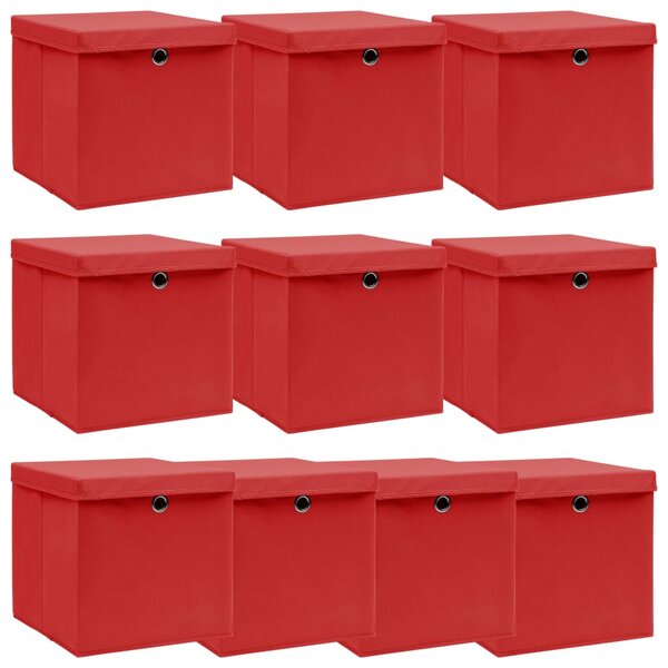 Cutii depozitare cu capace 10 buc. roșu, 32x32x32 cm, textil