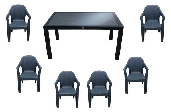 Set masă grădină Polo cu Geam tip ratan 90x150 cu 6 scaune