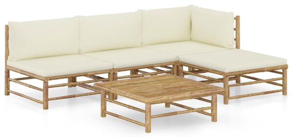 Set mobilier de grădină, cu perne alb crem, 5 piese, bambus