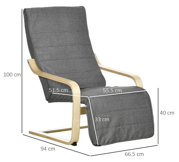 HOMCOM Fotoliu Relax cu Suport picioare pe 5 Niveluri si Tetiera, Fotoliu Ergonomic din Lemn de Mesteacan si Tesut, Gri