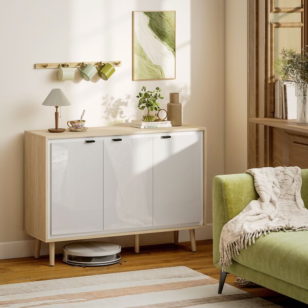 HOMCOM Bufet Modern cu 3 Uși și Raft Reglabil 107x35x77cm Alb și Stejar | Aosom Romania