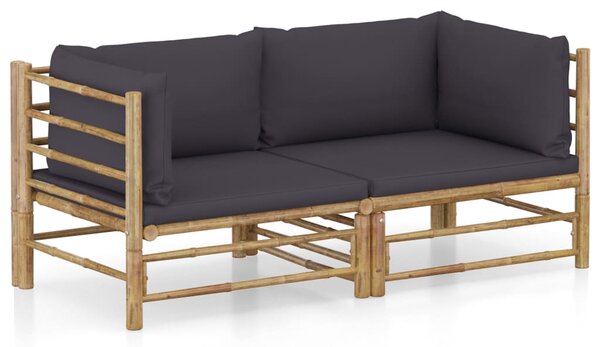 Set mobilier de grădină cu perne gri închis, 2 piese, bambus
