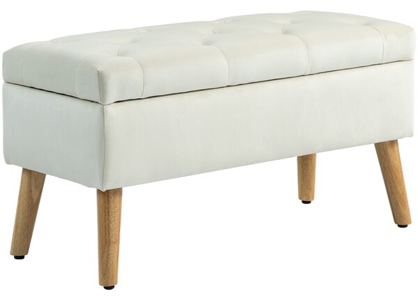 HOMCOM Taburet cu Depozitare In Catifea Picioare In Lemn Di Cauciuc 80x35x42 cm Crem | Aosom Romania