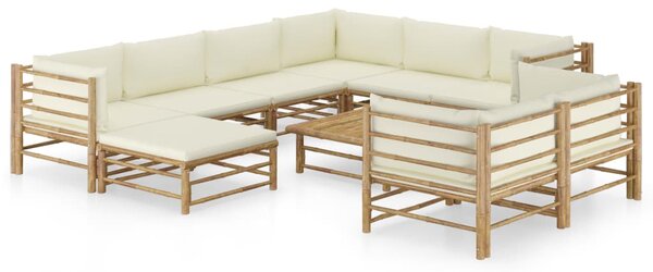 Set mobilier de grădină, cu perne alb crem, 10 piese, bambus