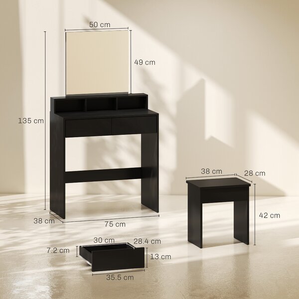 HOMCOM Masă de Toaletă cu Oglindă, 3 Rafturi, 2 Sertare, 75x38x135 cm, Negru | Aosom Romania