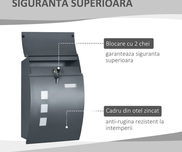 HOMCOM Cutie Postala Curbata din Otel Zincat cu 3 Fante si 2 Chei de Securitate incluse, 45x10x32 cm, Gri | Aosom Romania