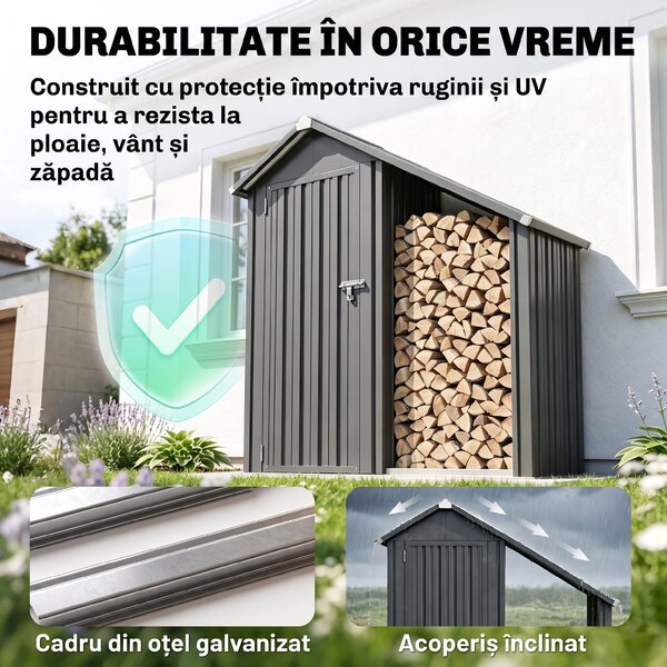 Outsunny Șopron Exterior pentru Lemne cu Dulap pentru Unelte, 0,77 m², 150x66x162 cm, Din Oțel Galvanizat, Gri Închis | Aosom Romania