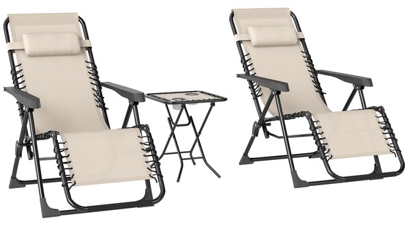 Outsunny Set de 2 Șezlonguri de Grădină cu Gravitație Zero și Măsuță cu Suport pentru Pahare, 47x47x54 cm, Bej | Aosom Romania
