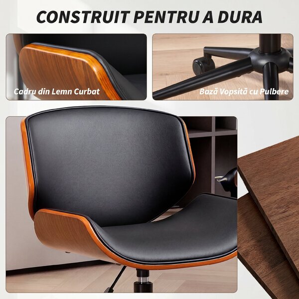 HOMCOM Scaun Birou Rotativ, Altezza Reglabil, In Piele Pu E Lemn Curbat | Aosom Romania