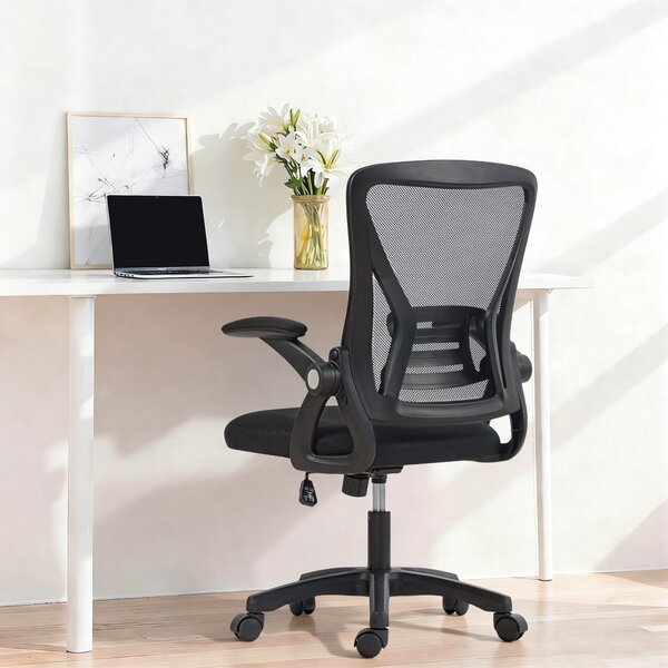 HOMCOM Scaun de Birou din Plasă cu Brațe Rabatabile, Suport Lombar, 59,5 x 56 x 103 cm, Negru | Aosom Romania