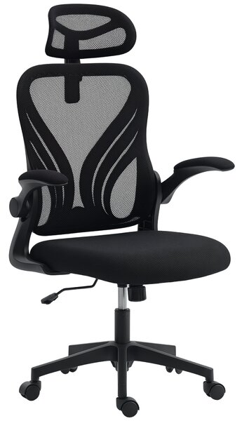 HOMCOM Scaun de Birou Ergonomic cu Brațe Rabatabile și Spătar Pliabil, Scaun de Birou cu Funcție Balansoar, Tetieră Reglabilă, Șezut Rotativ, Negru | Aosom Romania