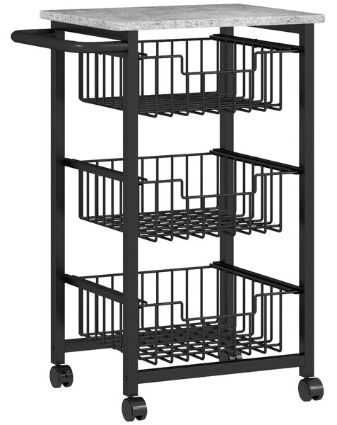 HOMCOM Cărucior de bucătărie cu 3 coșuri și mâner, din oțel și lemn, 49,5x31x69 cm, negru și gri deschis | Aosom Romania