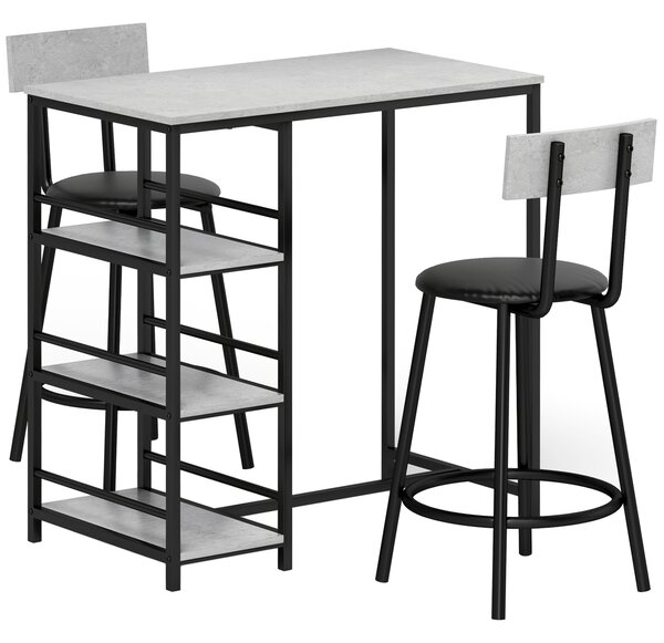 HOMCOM Set Masă de Bar cu 3 Rafturi și 2 Scaune cu Spătar, 90x50x90.5 cm, Gri Deschis | Aosom Romania