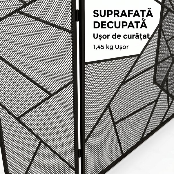 HOMCOM Paravan Pliabil Anti-Scântei pentru Șemineu cu 3 Panouri, 135x1,2x85 cm, Negru | Aosom Romania