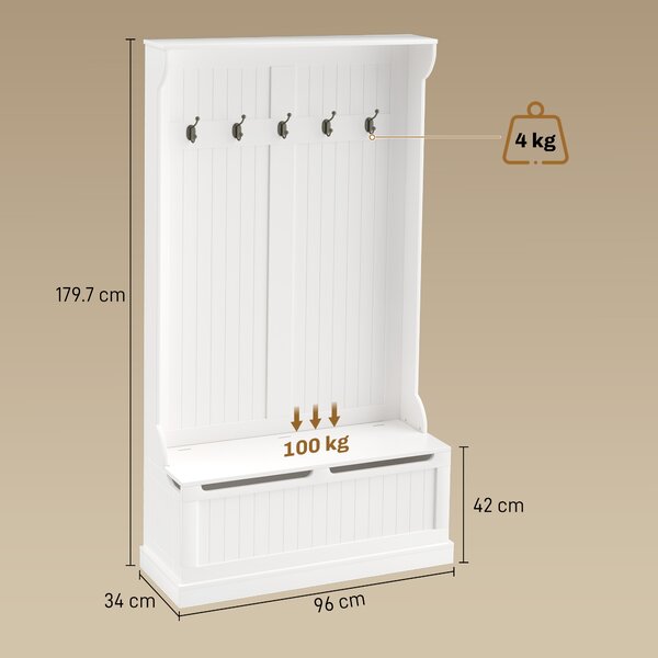 HOMCOM Cuier de Podea cu Bancă pentru Pantofi și 5 Cârlige, MDF, 96L x 34I x 179,7Î cm, Crem | Aosom Romania