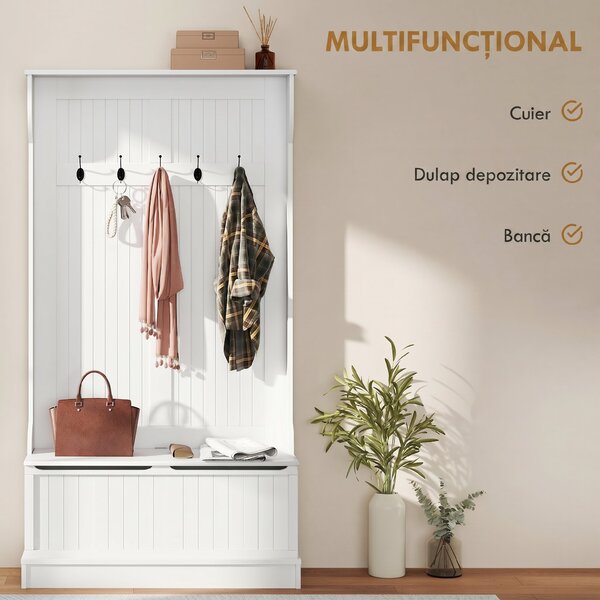 HOMCOM Cuier de Podea cu Bancă pentru Pantofi și 5 Cârlige, MDF, 96L x 34I x 179,7Î cm, Crem | Aosom Romania