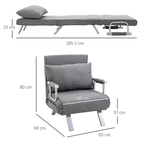 HOMCOM Canapea Extensibilă cu Poziție Reglabilă în 5 Niveluri, Canapea pliabilă cu pernă, 65x69x80 cm, Gri | Aosom Romania