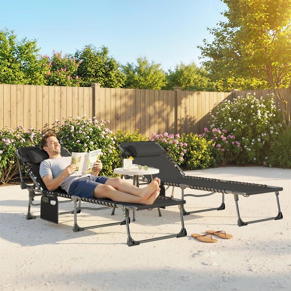 Outsunny Set de 2 Șezlonguri de Grădină Pliabile, Reglabile pe 5 Niveluri, cu Perne, Șezlonguri Textilenă cu Buzunar Lateral, Mâner, pentru Plajă, Piscină, 57x200x38 cm, Negru | Aosom Romania