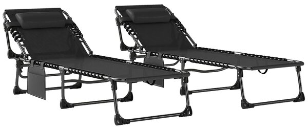 Outsunny Set de 2 Șezlonguri de Grădină Pliabile, Reglabile pe 5 Niveluri, cu Perne, Șezlonguri Textilenă cu Buzunar Lateral, Mâner, pentru Plajă, Piscină, 57x200x38 cm, Negru | Aosom Romania