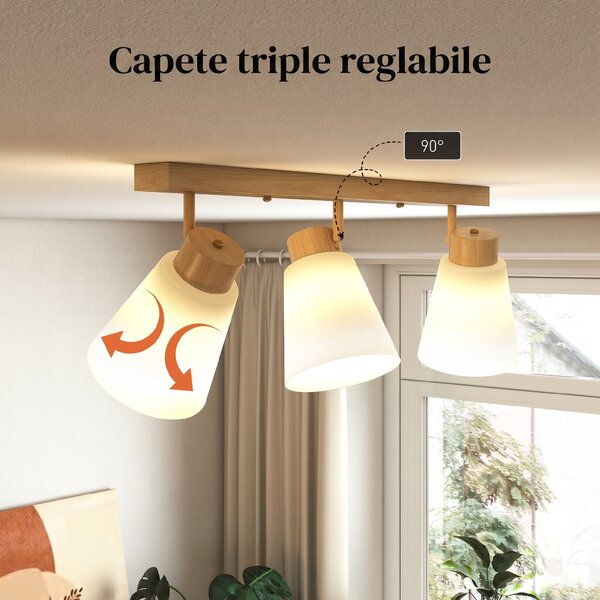 HOMCOM Candelabru de tavan cu 3 puncte de lumină reglabile la 90° și socluri E27, culoare lemn | Aosom Romania