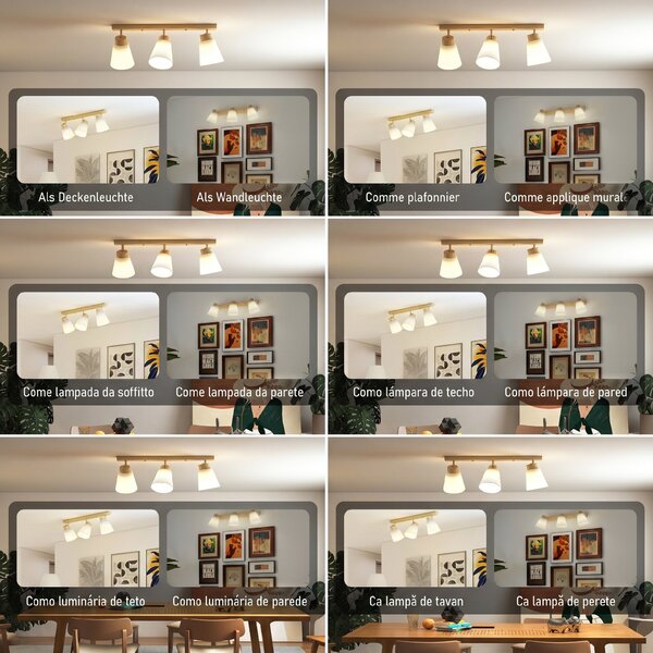 HOMCOM Candelabru de tavan cu 3 puncte de lumină reglabile la 90° și socluri E27, culoare lemn | Aosom Romania