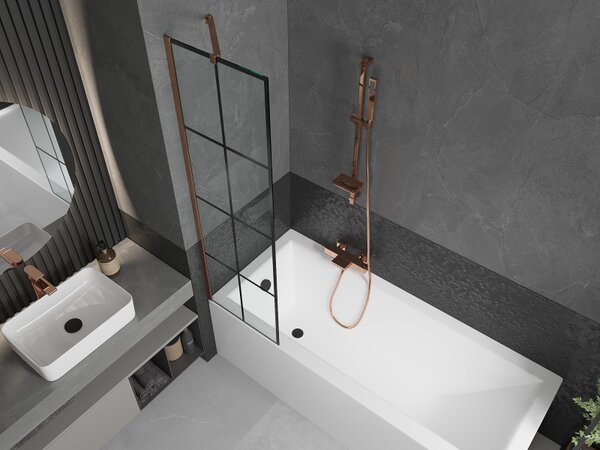 Mexen Next, paravan de baie 1 aripă 50 x 150 cm, aripă fixă, sticlă transparentă de 6 mm cu model negru, profil auriu roz, 895-050-000-00-77-60