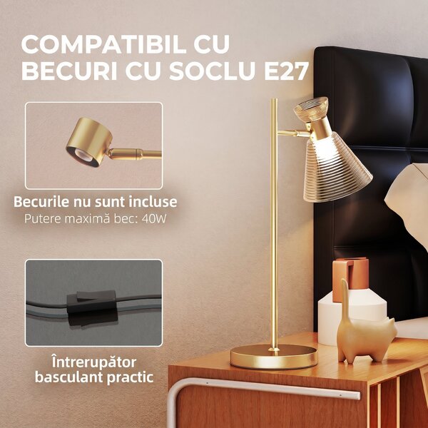 HOMCOM Lampă de Masă Modernă cu Abajur Reglabil din Sticlă Ambrată și Satinată, Suport E27, Aur | Aosom Romania