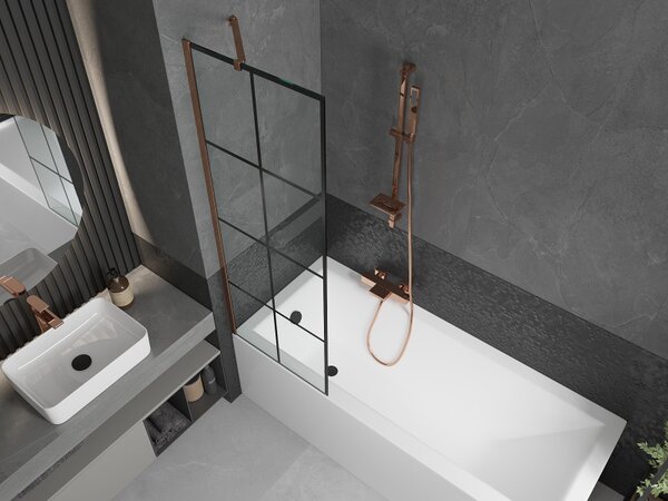Mexen Next, paravan de baie 1 aripă 60 x 150 cm, aripă fixă, sticlă transparentă de 6 mm cu model negru, profil auriu roz, 895-060-000-00-77-60