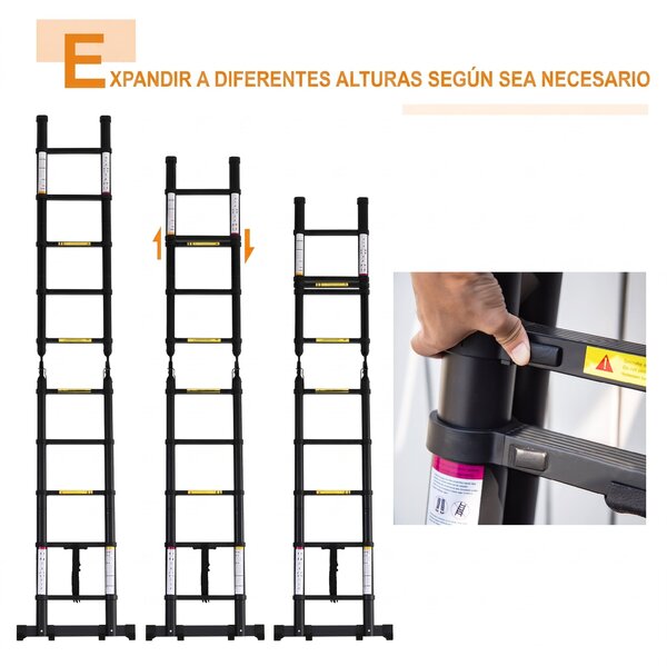 DURHAND Scară Telescopică Pliabilă cu 10 Trepte, Scară Extensibilă din Aluminiu și Metal, 320x67x7 cm, Neagră | Aosom Romania