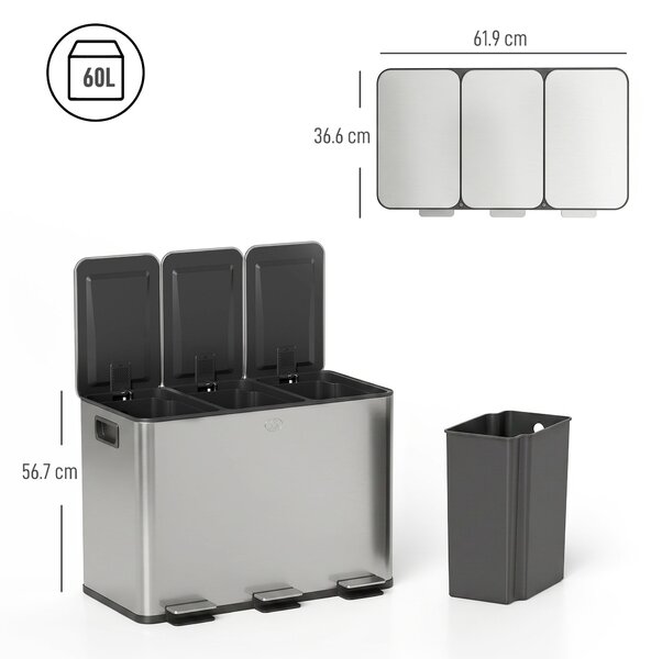 HOMCOM Coș de Gunoi cu 3 Compartimente de 20L, cu Pedală și Capace Silențioase, Ideal pentru Organizare, Dimensiuni 61,9x36,6x56,7 cm, Argintiu | Aosom Romania