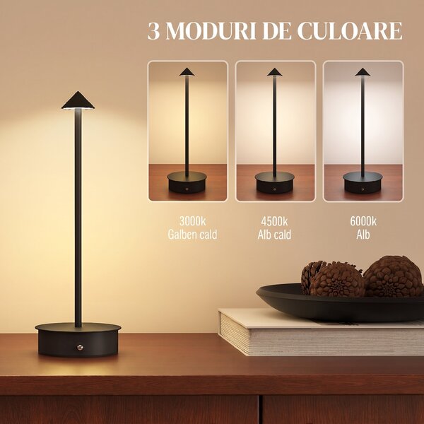 HOMCOM Lampă de Masă Reîncărcabilă cu USB, Lampă Fără Fir cu Temperatura Culorii Reglabilă 3000K/4500K/6500K, Control Tactil, Autonomie 4-8 Ore, Negru | Aosom Romania