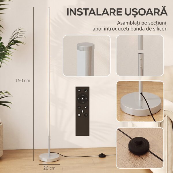 HOMCOM Lampă de Podea LED Reglabilă cu Telecomandă de 150cm Înălțime, Argintiu | Aosom Romania