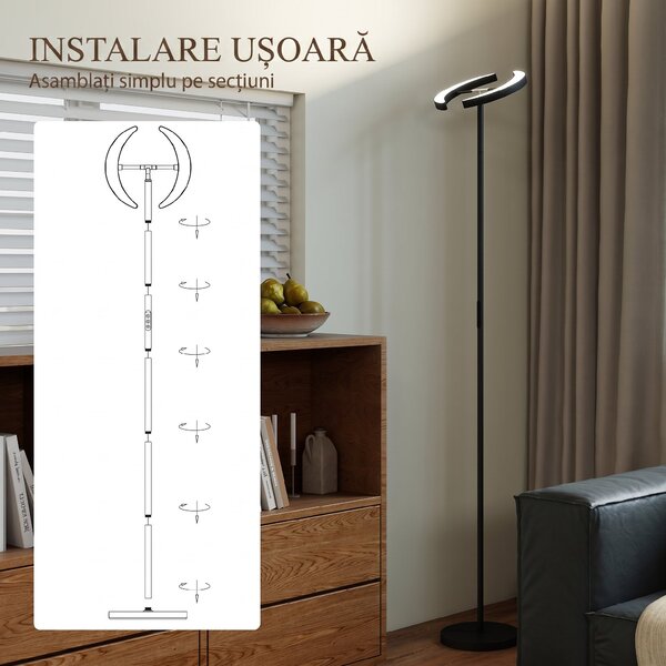 HOMCOM Lampă de Podea Dimmerabilă cu Telecomandă și Dublă Cap Girevole la 350°, Lampă de Podea cu Reglare Temperatură Culoare 2700K-6000K, pentru Sufragerie și Cameră, Negru | Aosom Romania