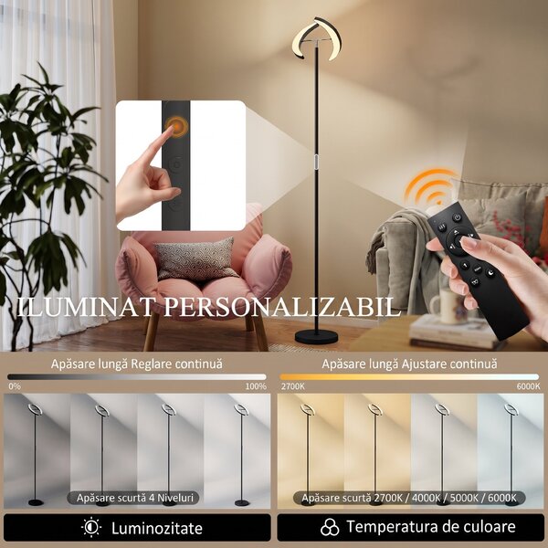HOMCOM Lampă de Podea Dimmerabilă cu Telecomandă și Dublă Cap Girevole la 350°, Lampă de Podea cu Reglare Temperatură Culoare 2700K-6000K, pentru Sufragerie și Cameră, Negru | Aosom Romania