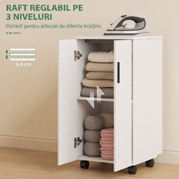HOMCOM Mobilier pentru Masa de Călcat Pliabil cu Roți, Raft Reglabil și Închidere Soft Close, din Lemn și Material Textil, 128x43x83 cm, Alb | Aosom Romania