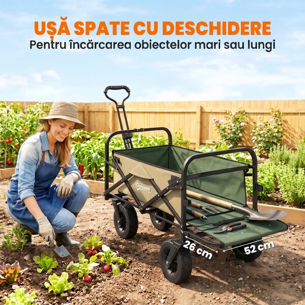 Outsunny Cărucior de Exterior Pliabil, Rezistent pentru Camping, cu Ușă în Spate Deschidere și Maner Telescopic | Aosom Romania