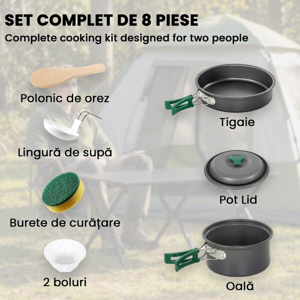 Set Vase Camping Outsunny, Kit 8 Piese Ultraușor, Mânere Anti-Arsură, Gri | Aosom Romania
