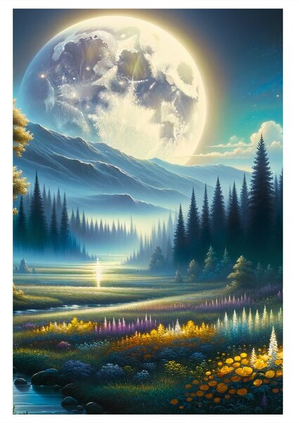 Tablou natură nocturnă liniștită cu râu
