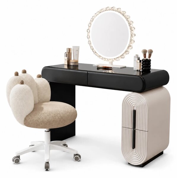 Set AURA LUXE – Masă de Toaletă pentru Machiaj, Oglindă iluminată LED, Control touch, Trei tipuri culoare, Scaun, 100 cm, Negru/Bej