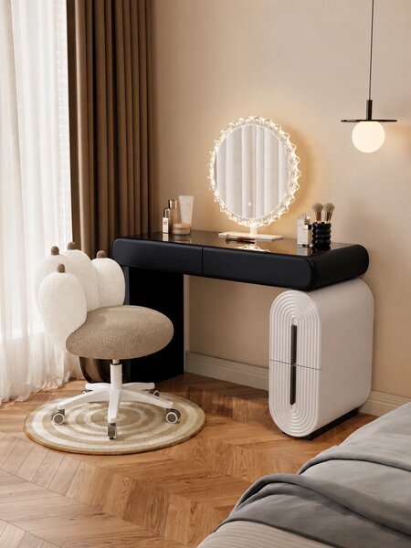Set AURA LUXE – Masă de Toaletă pentru Machiaj, Oglindă iluminată LED, Control touch, Trei tipuri culoare, Scaun, 100 cm, Negru/Bej